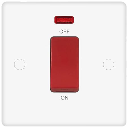 EVOGES Vector 45A Double Pole Switch with Neon Indicator, White, Single Plate Cooker Control Switch, Screw Caps Included