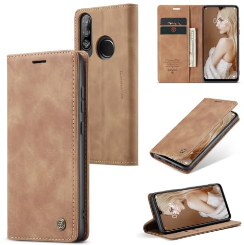 Sojlecyu Handyhülle für Huawei P30 Lite hülle Premium PU Leder Cover Klapphülle Tasche Flip Case Magnet Kartenfach Ständer Schutzhülle für Huawei P30 Lite, Braun