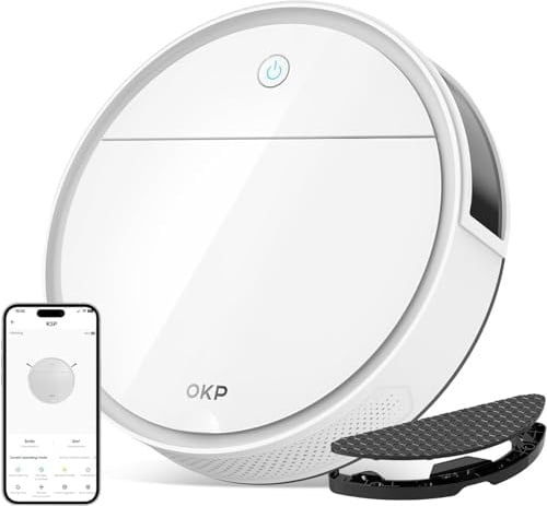 OKP K5 Pro Robot Aspirapolvere, 5000Pa di Potenza Aspirazione, 180 Min Autonomia, 7,7 cm Ultra Sottile, Evitamento Ostacoli PSD, Ricarica Automatica, Adatto Per Pavimenti Duri/Animali, WiFi/App/Alexa