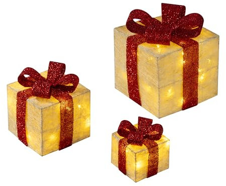 - Lot de 3 boîtes lumineuses à LED, pour la décoration de Noël, en forme de boîte à cadeaux