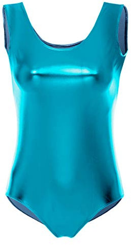 FYMNSI Damen Gl?nzende Ballettanzug Ballettbody Sport Tanz Body Gymnastikanzug Trikot ?rmellos Bodysuit Metallic Wetlook Einteiler Turnanzug Leotards Overall Lack Leder Oberteile Tops Kost?me Blau S