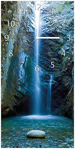 Wallario Design-Wanduhr Wasserfall bei Sonneneinfall aus Glas, Motiv-Uhr Größe 30 x 60 cm, weiße Zeiger