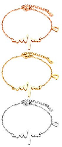 JewelryWe Schmuck 3pcs Damen Armband Edelstahl Herzschlag EKG Herz Charmsarmband Armkette Fußkettchen für Frau Mädchen, Silber Gold Rosegold