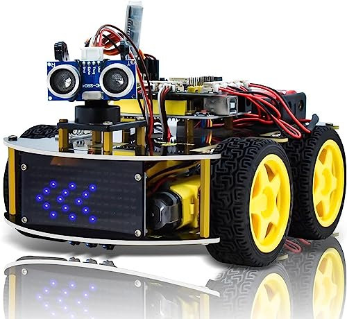 KEYESTUDIO 4WD Projet Robot Auto Car avec Module Follow Line, capteur à ultrasons, Module Bluetooth, Kit de Voiture Robot Intelligent pour Les passionnés de Programmation Arduino