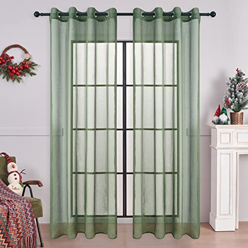 MRTREES Voile Gardinen Vorhang halbtransparent kurz mit Ösen in Leinenoptik Stores Gardinen Schals für Wohnzimmer Schlafzimmer Kinderzimmer Armeegrün 225×140cm (H×B) 2er Set