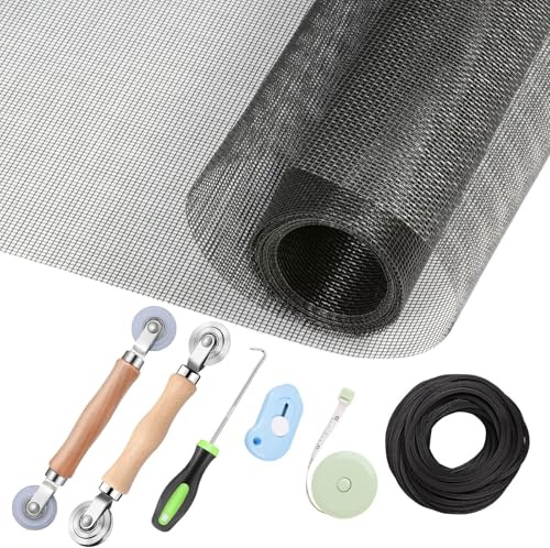 Kit de reparación de pantalla para ventana, 59 x 106 pulgadas, malla de fibra de vidrio de repuesto con todas las herramientas de pantalla para puerta corredera y reemplazo de puerta mosquitera de