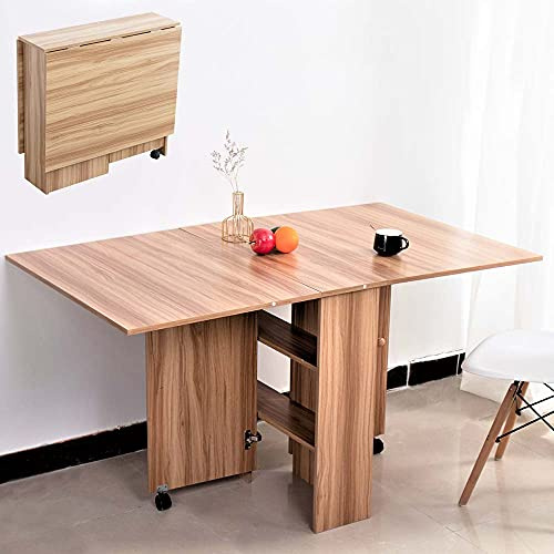 BAKAJI Tavolo da Pranzo Scrivania Multiuso Pieghevole Richiudibile Allungabile con Libreria 2 Scomparti Ripiani a Scomparsa e Ruote in Legno MDF Design Moderno 140 x 80 x 74 cm (Quercia)