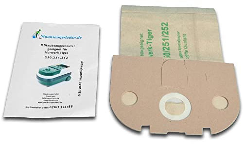 8 hochwertige Staubsaugerbeutel plus Filter passend für Vorwerk Tiger 250 251 252 - Inlusive Motorschutzfilter und Abluftfilter