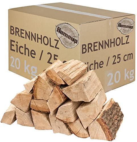 Leña Madera 20 kg para Estufa y Chimenea Brasero Parrilla Cesta de Fuego Troncos de Madera de Roble 25 cm flameup