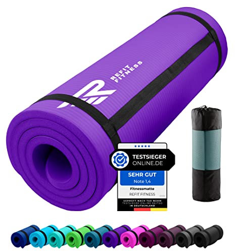 REFIT FITNESS Gymnastikmatte Profi 190 x 60 x 1.0 cm Violett Lila PainProtect SmartCell NBR rutschfeste Yoga Matte Pilates Sport Gymnastik Yogamatte 10 MM Sportmatte Tragegurt Tasche