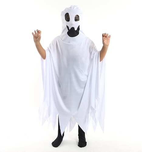 Childs Halloween Ghost Costume - White Jagged Edge Tunic with Attached Ghost Mask - Kids Friendly Ghost Halloween Fancy Dress Costume