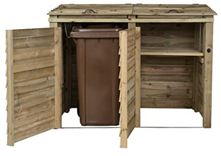 Wheelie bin storage pressure treated garden recycling store lid shed outdoor trash cover (Double, With recycling shelf, Natural (Light Green))