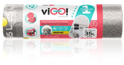 viGO! - Zugband Müllbeutel 35L (15 Stück) I LD Müllsäcke I Müllbeutel mit Zugband Extra Stark I 3-Schicht-Prägefolie I Zugfest und Reißfest I Farbe Silver