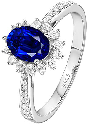 Mesnt Ring Silber 925 Damen | Frauen Ring Halbe Ewigkeit mit Blume Oval Zirkonia Blau, Größe 57 (18.1)