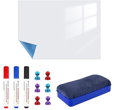 Relota Whiteboard Folie Selbstklebend 60 X 90Cm, Magnettafel Kühlschrank mit 4 Whiteboardstift, Schwamm, Abwischbare DIY Magnetisches Whiteboard, Magnetfolie Weiß für Büro Schule Zuhause Küche