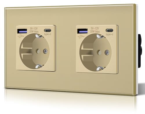 BSEED Enchufe Doble Pared con 20W USB y Tipo C,Enchufe USB C de Cristal,Carga Rápida,3 en 1,Fácil Instalación,2 Enchufes,157mm Oro