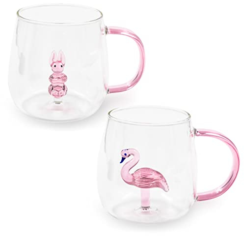 Blümelhuber 2er Set Flamingo Tasse und Hasen Tasse Glas Tassen - Tee Tasse Büro - Cappuccino Tassen - Kaffee Glas Tasse