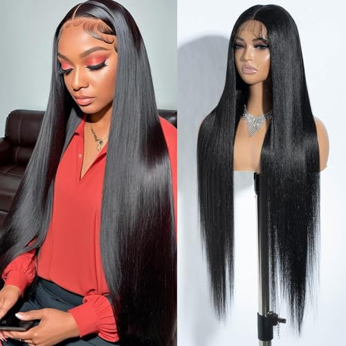 Joedir 86 cm Lange Yaki Gerade Spitze Front Synthetische Perücken Mittelteil HD Transparent Kleberlose Spitze Perücke Hitzebeständig Faser Vorgezupft Haaransatz mit Babyhaar Perücke für Frauen