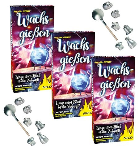 NICO Europe® 3 Sets Premium-Wachsgießen mit 18 Hohlfiguren & 3 Löffel, Beste Alternative zum Bleigießen