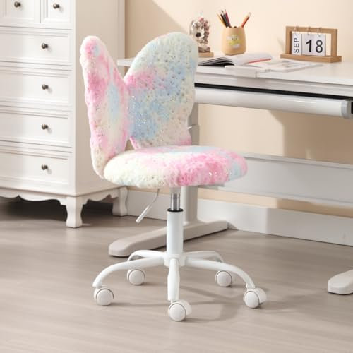 chairus Kunstfell Kinder Schreibtischstuhl für Kinderzimmer Höhenverstellbarer Jungendstuhl ohne Armlehne Drehstuhl für Kinder (Rosa)