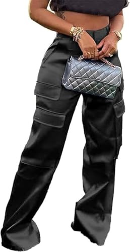 Yameay Satin Cargo Pants for Women High Waisted Multiple Pockets Wide Leg Trouser Metallic Leather Pants Black M