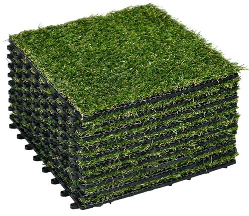 Outsunny Erba artificiale Set di 10 piastrelle ad incastro 30 x 30 cm Comfort spessore 3 cm Verde