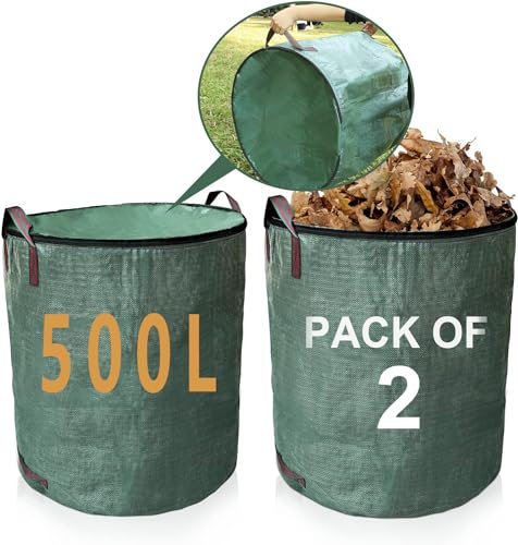 losolese Large Garden Waste Bags with lid and zipper, 500 Litre Waterproof Heavy Duty Garden Leaf Waste Sacks with Handles,Foldable and Reusable,Green, 2 PACK