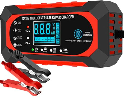 10Amp Car Battery Charger, 12V/24V Fully-Automatic Smart Battery Charger, Battery Maintainer Trickle Charger, and Battery Desulfator for Car Truck Motorcycle Lawn Mower Boat Lead Acid Batteries