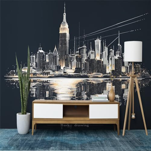 Fototapete Nachtansicht New York City Tapete 350 x 256 cm (B x H), Schwarz Tapeten Vliestapete, Modern Wandtapete Wohnzimmer Schlafzimmer Kinderzimmer Wanddeko Motivtapeten Fototapete