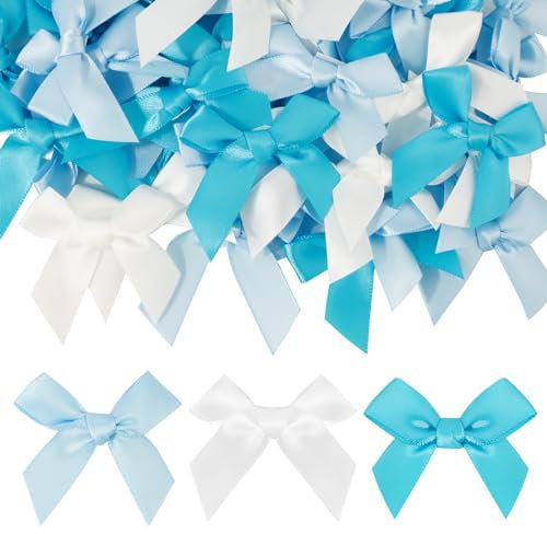 BOFUNX 60 Stücke Satinschleifen Selbstklebend Satinband Schleifen Klein Schleifen Deko Blau Weiß Geschenkschleife für DIY Handwerk Karte Geschenkverpackung Taufedeko Hochzeitsdeko