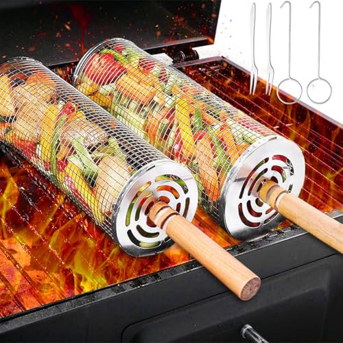 2 Stück Rollendes Grillkorb Set mit Holzgriff und Zubehör, Rolling Grilling Basket, Rund Grillkorb aus Edelstahl, Wiederverwendbar Grillnetz Geeignet für Gemüse Kebabs Meeresfrüchte (2 Größen)
