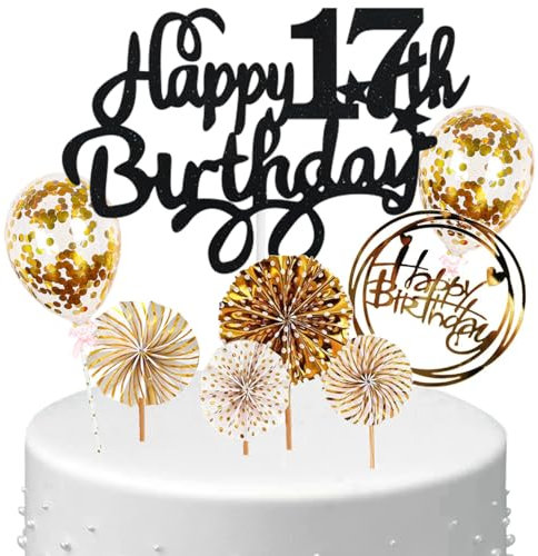 Anlgdi Tortendeko 17 Geburtstag Mädchen Junge, Kuchen Topper 17. Geburtstag Mädchen, Kuchendeko Happy 17th Birthday Schwarz Gold, Glitter Cake Topper 17. Deko für Geburstagstorte Deko 17 Jahre Kinder