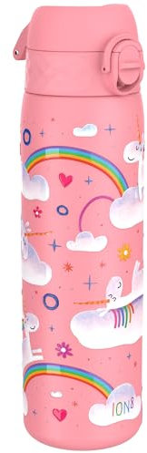 ION8 Lightweight Steel Water Bottle, 600 ml/20oz, Non-Insulated, Leak Proof, Easy to Open, Secure Lock, Dishwasher Safe, Flip Cover, Fits Cup Holders, Carry Handle, Metal Water Bottle,Unicorn Rainbows
