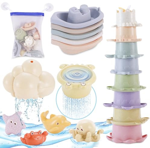 Badespielzeug Baby ab 1 2 Jahr, Baby Kinder Badewannenspielzeug Schimmelfreies, Wasserspielzeug Badewanne Spielzeug mit Spritztiere/Stapelbecher/Badeboote