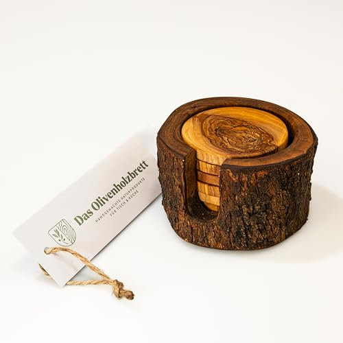 DAS OLIVENHOLZBRETT® Untersetzer Set 6 teilig rustikal mit Halterung aus Olivenholz/Glasuntersetzer Set aus Holz/rund/Holzuntersetzer inkl Aufbewahrungsbox/Olivenholz/Tischschoner für Gläser