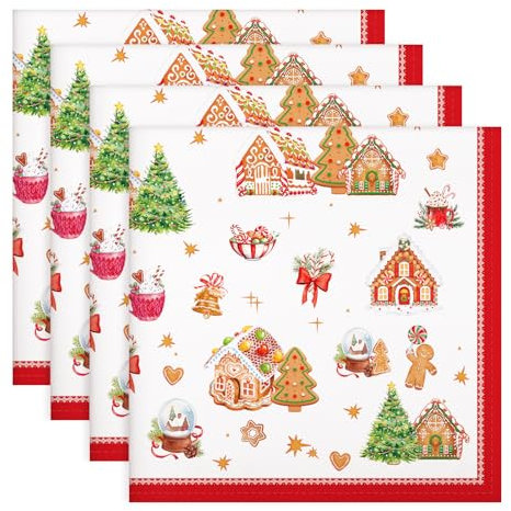 Arquiel Servietten Weihnachten Lebkuchen 6er-Set, Stoffservietten 100% Baumwolle Rot Weiches Hochwertige Wiederverwendbare Esstisch Servietten für Weihnachten Küche Haushalt Party(45×45cm)