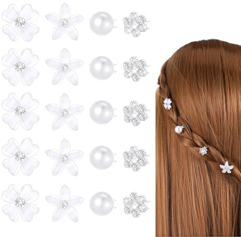 Yuanchu 20 Stück Weiße Mini Blumen Haarspangen mit Perle, Mini-Süße Strass-Metall-Haarnadeln für Frauen Blumen Haarschmuck Hochzeit Mädchen Haarspange Blume