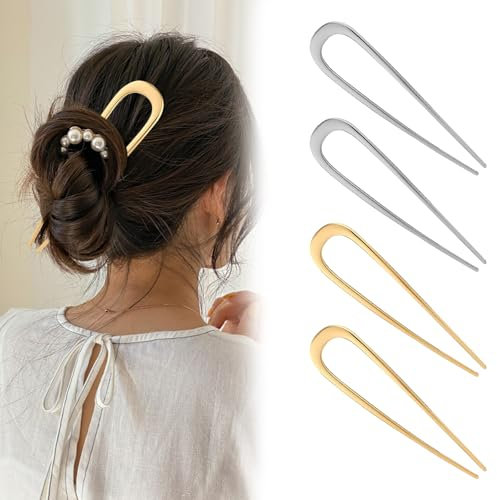 lafo 4Pcs große U-förmige Haarnadeln aus Metall, 2 Zinken Hochsteckfrisur Chignon Pins Haarnadeln, Französische Haarnadel für Frauen Mädchen, 2Gold 2Silber