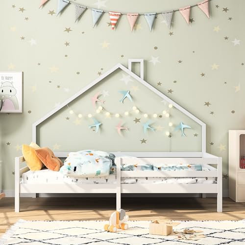 RWUDV Kinderbett 90 x 200 cm, Montessori Bodenbett, Hausbett mit Rausfallschutz & Lattenrost, Holzbett für Kinder, Massivholz Funktionsbett, Einzelbett für Jungen und Mädchen
