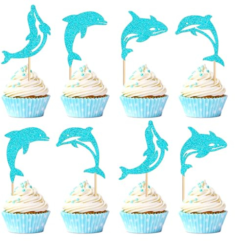 Blumomon 24 Stück Ocean Glitter Delphin Cupcake Toppers Baby Shower Dekorationen Boy Birthday Supplies