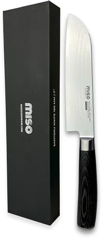 Miso Cookware Santokumesser 18 cm – Damastmesser & Küchenmesser (AUS‑10, 67 Lagen, 60 HRC) mit Pakkawood-Griff, inkl. Aufbewahrungsbox & Poliertuch
