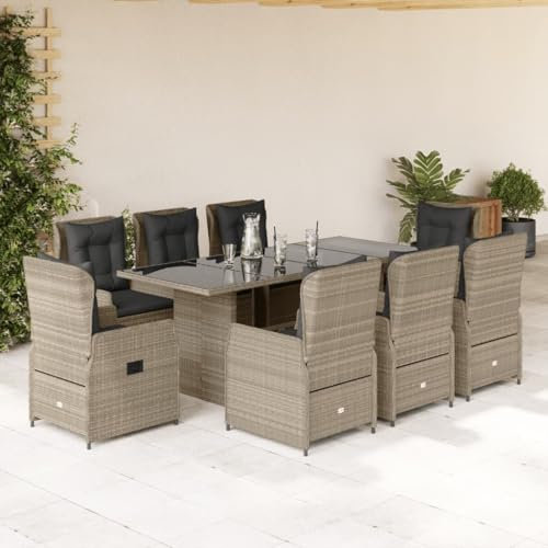 Verderoom Gartenmöbel Set 8 Verstellbare Hochlehner Stühlen mit Tisch Garten Sitzgruppe 8 Personen Rattan 8 Personen Polyrattan Gartenmöbel Set mit Kissen-Hellgrau-9-tlg