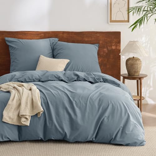 BEDSURE Bettwäsche 155x220 Baumwolle 3teilig - Bettwäsche-Sets Graublau Bettbezug mit 2 Kissenbezüge 80x80 cm, Ähnliche Textur wie Washed Leinen, Oeko-TEX Bedding Blau mit Reißverschluss