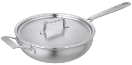 Kuhn Rikon Chef's Pan 24cm 5-Ply Uncoated Stainless Steel & Aluminium Pan, Oven & Dishwasher Safe, Multi-Ply with Stay-Cool Long & Helper Handles & Lid, Induction Safe Pan - Culinary Fiveply