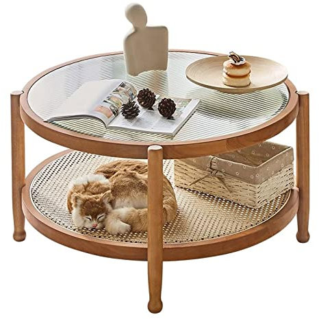 Table basse, table basse ronde moderne avec plateau en verre, design à 2 niveaux et pieds en bois, table centrale simple et moderne pour salon