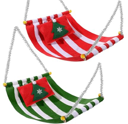 2 Stück Weihnachtselfen Hängematte, Elfenpuppen Zubehör Set, Puppenstubenzubehör Weihnachtselfe Hammock in Grün und Rot für Weihnachten Lustiges Elfen-Ornament
