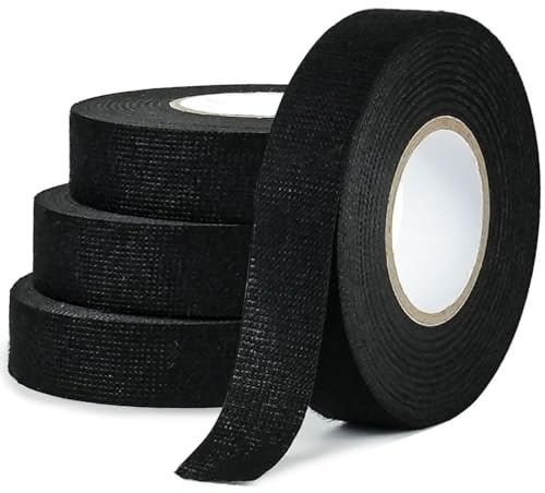 CHUANGSEED 4pack-Wiring Hardness Tape 19mmx 15m Black Loom Binding Felt for Heat Resistant Insulation Tape for Wires Noise Damping Car Cables Fixed Black Adhesive Fabric Cloth Tape