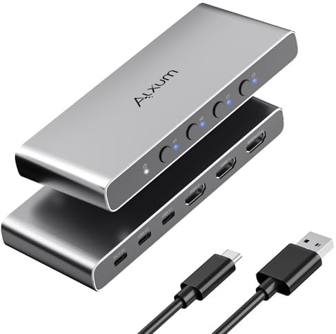 Alxum HDMI Switch 4 in 1 Out 4K@60Hz mit 2x USB-C & auto-Umschaltung | 2×HDMI 2.0b & 2×USB-C HDR10, HDR10+ & Dolby Vision VRR, FreeSync & G-Sync kompatibel Für PS5, Xbox & PC. Kein Netzteil nötig