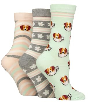 SockShop Wildfeet Ladies Cotton Novelty Patterned Socks Pack of 3 (UK, Numeric, 4, 8, Regular, Regular, Dog in a Teacup)