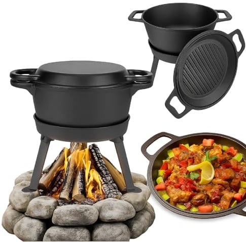 QLS Dutch Oven 10 L aus Gusseisen 3in1 mit Deckel für Camping Outdoor | Deckel als Pfanne und Grill nutzbar, massive Konstruktion mit abschraubbaren Beinen für Feuerstelle, Grill oder Herd